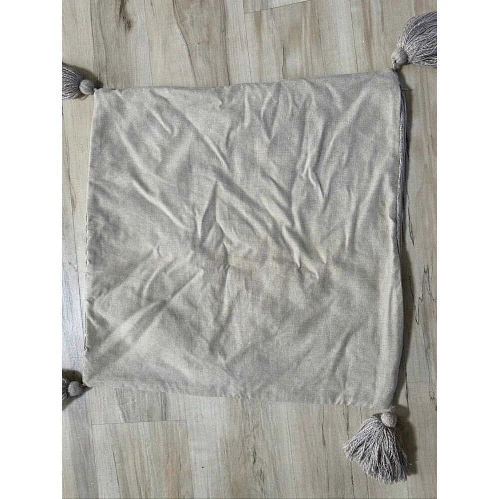Pottery Barn Taupe 3D Texture Tassels Accent Pillow Cover 21x22 Linen Blend